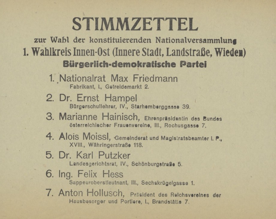 Stimmzettel der Bürgerlich-demokratischen Partei, 1919.